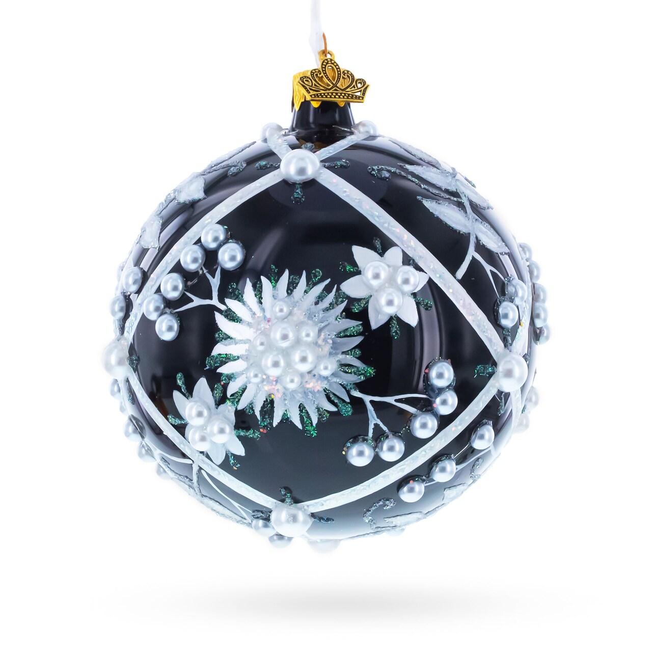 Pearl-Encrusted White Floral Design on Black Glass Ball Christmas Ornament 4 Inches
